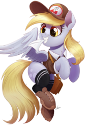Size: 1707x2500 | Tagged: safe, artist:ncmares, derpy hooves, pegasus, pony, g4, atg 2018, bag, boots, cap, cheek fluff, chest fluff, clothes, cute, derpabetes, ear fluff, envelope, female, fluffy, grin, hat, high res, looking back, mailbag, mailpony, mare, messenger bag, mouth hold, newbie artist training grounds, nose wrinkle, shoes, signature, simple background, smiling, socks, solo, squee, thigh highs, underp, white background, wing fluff