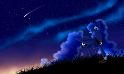 Size: 2500x1500 | Tagged: source needed, safe, artist:striped-chocolate, princess luna, alicorn, pony, rcf community, g4, ethereal mane, female, mare, night, shooting star, solo, starry mane