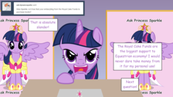 Size: 1280x720 | Tagged: safe, artist:hakunohamikage, twilight sparkle, alicorn, pony, ask-princesssparkle, g4, angry, april fools, ask, big crown thingy, female, jewelry, regalia, solo, tumblr, twilight sparkle (alicorn)