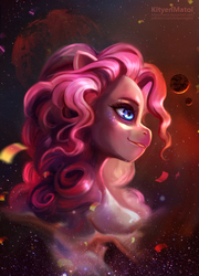 Size: 1918x2658 | Tagged: safe, artist:kityenmatoi, pinkie pie, earth pony, anthro, g4, bust, confetti, female, planet, smiling, solo, space, stars