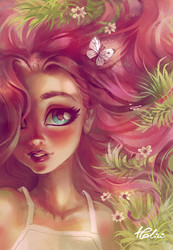 Size: 1907x2755 | Tagged: safe, artist:holivi, fluttershy, butterfly, human, g4, bust, clothes, female, flower, grass, hair over one eye, humanized, one layer, portrait, signature, smiling, solo
