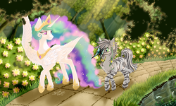 Size: 2500x1500 | Tagged: safe, artist:striped-chocolate, princess celestia, oc, oc:patrick poe, alicorn, butterfly, fish, pony, zebra, rcf community, g4, duo, female, forest, garden, lidded eyes, male, mare, road, zebra oc