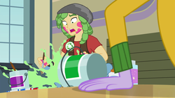 Size: 1280x720 | Tagged: safe, screencap, microchips, sandalwood, a banner day, equestria girls, g4, duo, male, sabotage, spill, upset