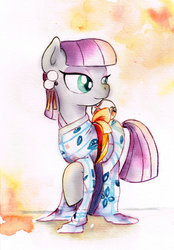 Size: 1600x2294 | Tagged: safe, artist:mashiromiku, maud pie, earth pony, pony, g4, clothes, commission, female, kimono (clothing), smiling, solo, traditional art, watercolor painting