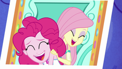 Size: 1920x1080 | Tagged: safe, screencap, fluttershy, pinkie pie, equestria girls, equestria girls specials, g4, my little pony equestria girls: better together, my little pony equestria girls: rollercoaster of friendship, cute, diapinkes, duo, female, geode of fauna, geode of sugar bombs, laughing, laughingmares.jpg, magical geodes, photo booth (song), shyabetes