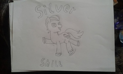 Size: 2560x1536 | Tagged: safe, artist:peternators, silver shill, pony, galacon, galacon 2018, g4, male, monochrome, sketch, solo, text, traditional art