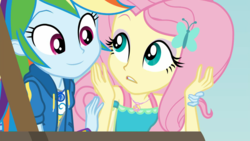 Size: 1920x1080 | Tagged: safe, screencap, fluttershy, rainbow dash, equestria girls, equestria girls series, g4, rollercoaster of friendship, comforting, duo, female, geode of fauna, geode of super speed, looking at each other, magical geodes, photo booth (song), shipping fuel