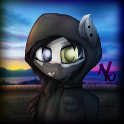 Size: 2400x2400 | Tagged: safe, artist:thefunnysmile, oc, oc only, oc:no, anthro, blurry, bust, clothes, dusk, ear fluff, ear piercing, heterochromia, high res, hoodie, mask, piercing, portrait, solo