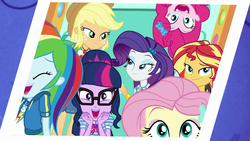 Size: 1920x1080 | Tagged: safe, screencap, applejack, fluttershy, pinkie pie, rainbow dash, rarity, sci-twi, sunset shimmer, twilight sparkle, equestria girls, equestria girls specials, g4, my little pony equestria girls: better together, my little pony equestria girls: rollercoaster of friendship, female, geode of shielding, geode of super speed, geode of telekinesis, humane five, humane seven, humane six, magical geodes, photo booth (song), rarity peplum dress, shipping fuel