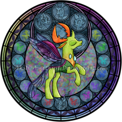 Size: 2110x2110 | Tagged: safe, artist:akili-amethyst, pharynx, princess ember, queen chrysalis, spike, thorax, changedling, changeling, dragon, g4, disney, dive to the heart, dragoness, eyes closed, female, high res, king thorax, kingdom hearts, male, prince pharynx, rearing, solo, stained glass, watermark