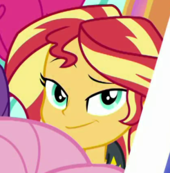 Size: 416x423 | Tagged: safe, screencap, sunset shimmer, equestria girls, equestria girls specials, g4, my little pony equestria girls: better together, my little pony equestria girls: rollercoaster of friendship, cropped, lidded eyes, looking at you, photo booth (song), smiling