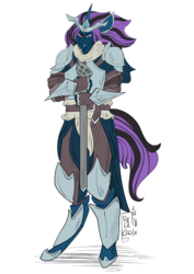 Size: 3449x4861 | Tagged: safe, artist:dap - delacroix, oc, oc only, oc:shrouded petal, unicorn, anthro, absurd resolution, anthro oc, armor, digital art, jewelry, multicolored hair, signature, simple background, solo, sword, tiara, weapon, white background
