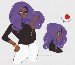 Size: 1680x1458 | Tagged: safe, artist:hirosi41, rarity, human, g4, alternate hairstyle, apple, bracelet, clothes, dark skin, ear piercing, earring, eyeshadow, female, food, hair flip, jeans, jewelry, lipstick, makeup, nail polish, pants, piercing, purple lipstick, signature, simple background, solo, white background