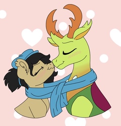 Size: 748x779 | Tagged: safe, artist:pastel-charms, thorax, oc, oc:paint can, changedling, changeling, pony, g4, canon x oc, clothes, female, king thorax, male, mare, nuzzling, scarf, shared clothing, shared scarf, straight