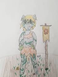 Size: 756x1008 | Tagged: safe, artist:flashheal44, earth pony, pony, amazonian, banner, bipedal, colored pencil drawing, druid, jungle theme, magic, tattoo, traditional art, tribal, woad