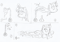 Size: 1617x1140 | Tagged: safe, artist:parclytaxel, oc, oc only, oc:parcly taxel, alicorn, genie, genie pony, goo pony, original species, pony, albumin flask, alicorn oc, bottle, descriptive noise, erlenmeyer flask, female, glycerol, horn, horn ring, levitation, lineart, magic, mare, monochrome, pencil drawing, smiling, solo, telekinesis, traditional art, transformation, transformation sequence