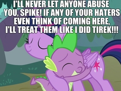 Size: 1440x1080 | Tagged: safe, edit, edited screencap, editor:useraccount, screencap, lord tirek, spike, twilight sparkle, alicorn, dragon, pony, g4, abuse, brother and sister, excessive exclamation marks, female, hug, image macro, male, meme, sibling love, siblings, spike drama, spike justice warriors, spikeabuse, spikelove, twilight sparkle (alicorn)