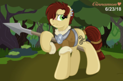 Size: 3284x2182 | Tagged: safe, artist:cinnamon-swirls, idw, steela oresdotter, earth pony, pony, g4, clothes, female, high res, mare, mighty helm, scar, solo, spear, triskelion, weapon