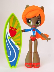 Size: 846x1128 | Tagged: safe, artist:whatthehell!?, applejack, equestria girls, g4, clothes, doll, equestria girls minis, irl, photo, ponied up, recolor, sandals, surfboard, swimsuit, toy
