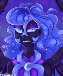 Size: 1000x1200 | Tagged: safe, artist:s-i-ren, nightmare moon, equestria girls, g4, clothes, equestria girls-ified, female, lidded eyes, solo, starry hair, wings