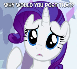 Size: 250x225 | Tagged: safe, rarity, pony, g4, animated, eye shimmer, female, gif, image macro, looking at you, meme, sad, solo, text, why would you post that