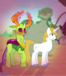 Size: 1600x1829 | Tagged: safe, artist:gallantserver, prince blueblood, thorax, changedling, changeling, pony, unicorn, g4, bluerax, blushing, concave belly, crack shipping, duo, gay, heart, interspecies, king thorax, male, shipping, stallion