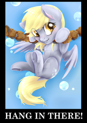 Size: 1024x1448 | Tagged: safe, artist:tokokami, derpy hooves, pegasus, pony, g4, blushing, bubble, cute, derpabetes, female, hang in there, hanging, mare, motivational poster, solo