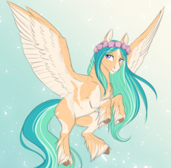 Size: 2589x2550 | Tagged: safe, artist:askbubblelee, oc, oc only, oc:willow breeze, pegasus, pony, female, floral head wreath, flower, flying, freckles, high res, mare, solo, speckled, spread wings, unshorn fetlocks, wings