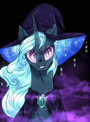 Size: 802x1080 | Tagged: safe, artist:not-ordinary-pony, derpibooru exclusive, trixie, pony, unicorn, g4, cape, clothes, corrupted, female, fog, hat, looking at you, mare, nightmare trixie, nightmarified, smiling, smirk, solo, witch hat