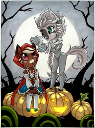 Size: 1113x1500 | Tagged: safe, artist:striped-chocolate, oc, oc:chocolate crumb, oc:rish, pegasus, pony, zebra, rcf community, clothes, cosplay, costume, halloween, holiday, jack-o-lantern, moon, pumpkin, sitting, traditional art, zebra oc