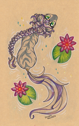 Size: 753x1200 | Tagged: safe, artist:striped-chocolate, oc, oc only, pony, zebra, rcf community, braid, female, flower, lilypad, looking at you, looking up, looking up at you, simple background, solo, traditional art, water, waterlily, zebra oc