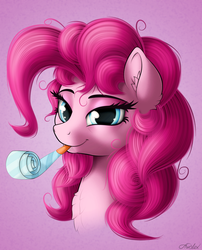 Size: 1530x1890 | Tagged: safe, artist:awalex, pinkie pie, earth pony, pony, g4, bust, chest fluff, ear fluff, female, looking at you, mare, noisemaker, party horn, portrait, smiling, solo