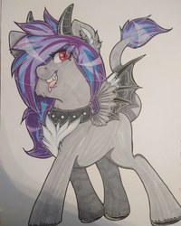 Size: 1080x1350 | Tagged: safe, artist:annuthecatgirl, oc, oc only, oc:melody silver, dracony, pony, collar, commission, ear piercing, horns, lip piercing, looking at you, piercing, solo, tongue piercing, traditional art