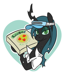 Size: 570x661 | Tagged: safe, artist:jargon scott, queen chrysalis, changeling, changeling queen, g4, cadance's pizza delivery, clothes, female, food, hat, heart, looking at you, peetzer, pizza, pizza box, pizza delivery, popped collar, solo, visor