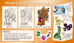 Size: 1481x860 | Tagged: safe, artist:riverfox237, oc, oc:alephnull, oc:breeze, oc:ellogypsy, oc:peppertop, oc:princesseternity, oc:quick draw, oc:rye, oc:temperance, alicorn, bat pony, changedling, changeling, earth pony, original species, pegasus, pony, unicorn, alicorn oc, commission info, cutie mark