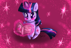 Size: 600x400 | Tagged: safe, artist:angel-chi, twilight sparkle, alicorn, pony, g4, blushing, book, female, glowing horn, horn, magic, mare, reading, solo, telekinesis, twilight sparkle (alicorn)