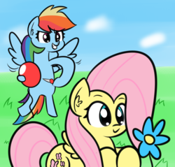 Size: 1111x1064 | Tagged: safe, artist:artiks, fluttershy, rainbow dash, pegasus, pony, g4, abuse, atg 2018, balloon, balloon popping, duo, duo female, female, flower, flutterbuse, mare, mean, nail, newbie artist training grounds, party balloon, popping, prank, prankster dash, pure unfiltered evil, rainbow douche, this will end in tears