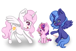 Size: 1100x740 | Tagged: safe, artist:gardianripu, princess cadance, princess celestia, princess luna, alicorn, pony, g4, baby, baby cadance, baby pony, cute, female, filly, filly cadance, filly celestia, filly luna, gradient background, looking at each other, mare, pink-mane celestia, s1 luna, signature, spread wings, transparent background, wings, woona, younger