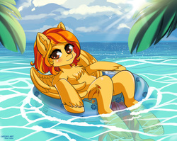 Size: 900x716 | Tagged: safe, artist:lifejoyart, oc, oc only, oc:firetale, pegasus, pony, cloud, digital art, female, inner tube, looking at you, mare, ocean, palm tree, signature, sky, solo, sun, tree, water