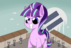 Size: 3496x2362 | Tagged: safe, artist:taurson, starlight glimmer, pony, unicorn, g4, atg 2018, blank eyes, equal cutie mark, evil grin, female, giant pony, giant starlight glimmer, grin, high res, macro, mare, newbie artist training grounds, smiling, stalin glimmer, village