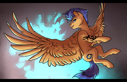 Size: 2099x1355 | Tagged: safe, artist:gonedreamer, flash sentry, pegasus, pony, g4, looking at you, male, solo, spread wings, stallion, tattoo, wings