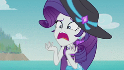 Size: 1280x720 | Tagged: safe, screencap, rarity, equestria girls, g4, lost and found, my little pony equestria girls: better together, animated, clothes, drama queen, ear piercing, earring, female, geode of shielding, hat, jewelry, marshmelodrama, mood swing, piercing, rarity being rarity, rarity's purple bikini, sarong, solo, sound, sun hat, swimsuit, webm