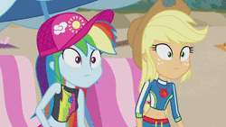 Size: 1280x720 | Tagged: safe, screencap, applejack, rainbow dash, equestria girls, equestria girls series, g4, lost and found, animated, clothes, female, geode of super speed, geode of super strength, implied rarity, sound, swimsuit, webm