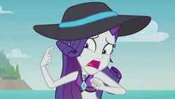 Size: 1280x720 | Tagged: safe, screencap, rarity, equestria girls, g4, lost and found, my little pony equestria girls: better together, animated, belly button, bikini, bikini top, clothes, drama queen, ear piercing, earring, female, freakout, geode of shielding, hat, jewelry, magical geodes, marshmelodrama, midriff, my ear was naked, piercing, rarity being rarity, rarity's purple bikini, solo, sound, sun hat, swimsuit, webm