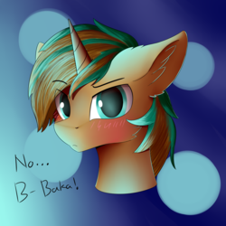 Size: 2500x2500 | Tagged: safe, artist:lunar froxy, oc, oc:demi, pony, unicorn, abstract background, baka, blushing, bust, cute, eye clipping through hair, high res, male, stallion, text, tsundere