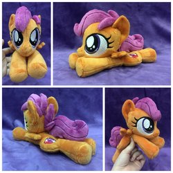 Size: 1600x1600 | Tagged: safe, artist:equinepalette, scootaloo, pegasus, pony, g4, beanie (plushie), cutie mark, female, filly, hand, irl, photo, plushie, prone, solo, the cmc's cutie marks