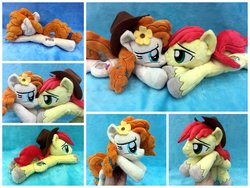 Size: 1600x1200 | Tagged: safe, artist:equinepalette, bright mac, pear butter, earth pony, pony, g4, beanie (plushie), female, flower, hand, hat, irl, male, mare, photo, plushie, prone, ship:brightbutter, shipping, stallion, straight, unshorn fetlocks