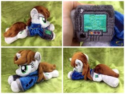 Size: 1600x1200 | Tagged: safe, artist:equinepalette, oc, oc only, oc:littlepip, pony, unicorn, fallout equestria, beanie (plushie), clothes, cutie mark, fanfic, female, hand, hooves, horn, irl, jumpsuit, mare, photo, pipbuck, plushie, prone, solo, vault suit