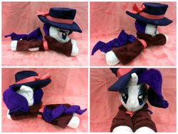 Size: 1600x1200 | Tagged: safe, artist:equinepalette, rarity, pony, unicorn, g4, beanie (plushie), clothes, detective rarity, female, hat, irl, lidded eyes, mare, photo, plushie, prone, solo