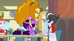 Size: 1280x714 | Tagged: safe, screencap, adagio dazzle, bright idea, drama letter, heath burns, ringo, starlight, sweet leaf, trixie, watermelody, equestria girls, g4, my little pony equestria girls: rainbow rocks, battle of the bands, boots, cafeteria, canterlot high, evil smile, food, gem, grin, high heel boots, high heels, lidded eyes, shoes, siren gem, smiling, spiked headband